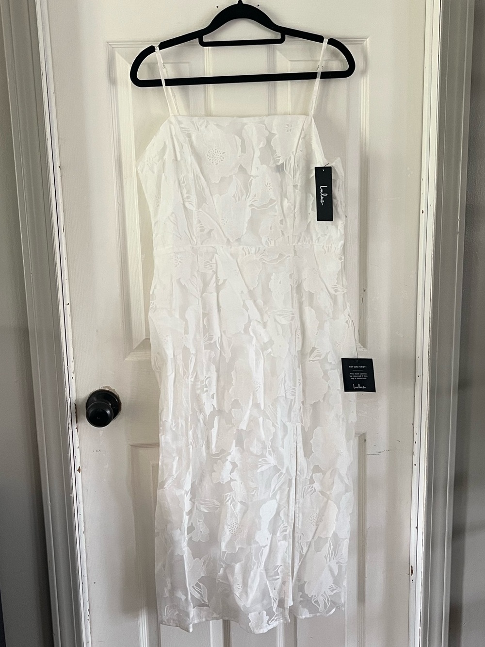 Lulu's White Floral Lace Midi Spaghetti Strap Dress